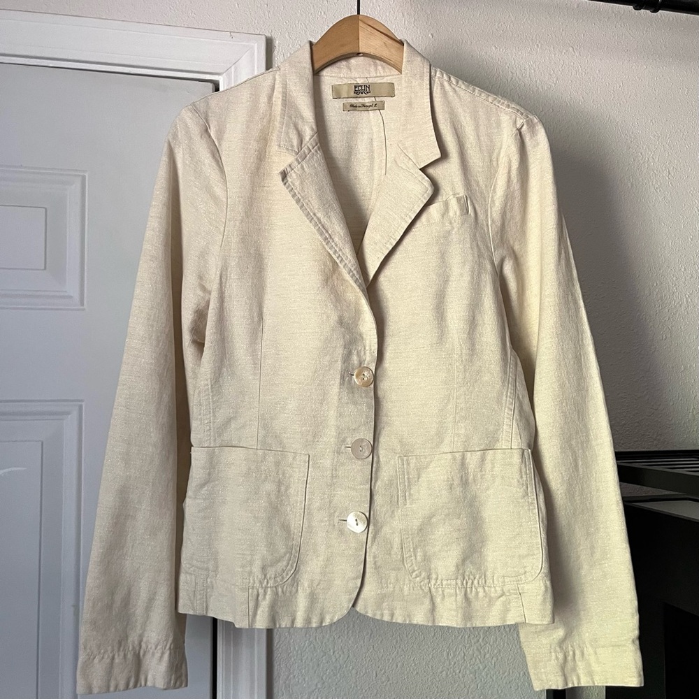 EDUN cream ivory glitter cotton linen shell button‎ up long sleeve blazer jacket